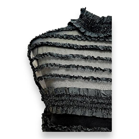 TADASHI Neiman Marcus Sheer Black Mini Ruffle Black Sparkle Cap Sleeve Top 8 - Picture 6 of 16